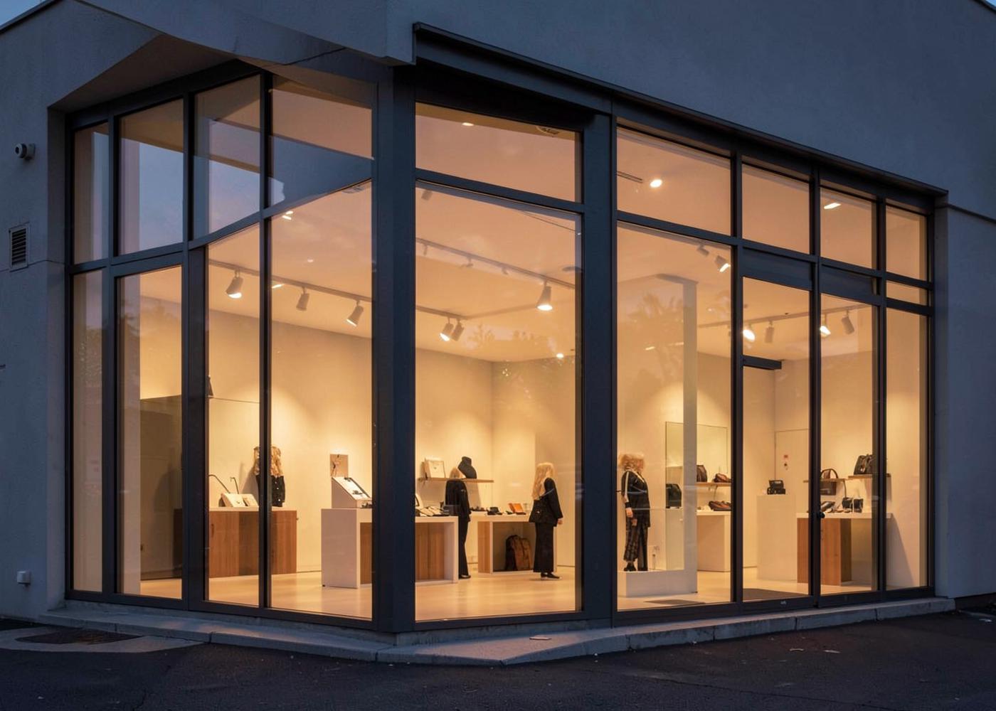 Fachada comercial envidraçada com vitrine iluminada